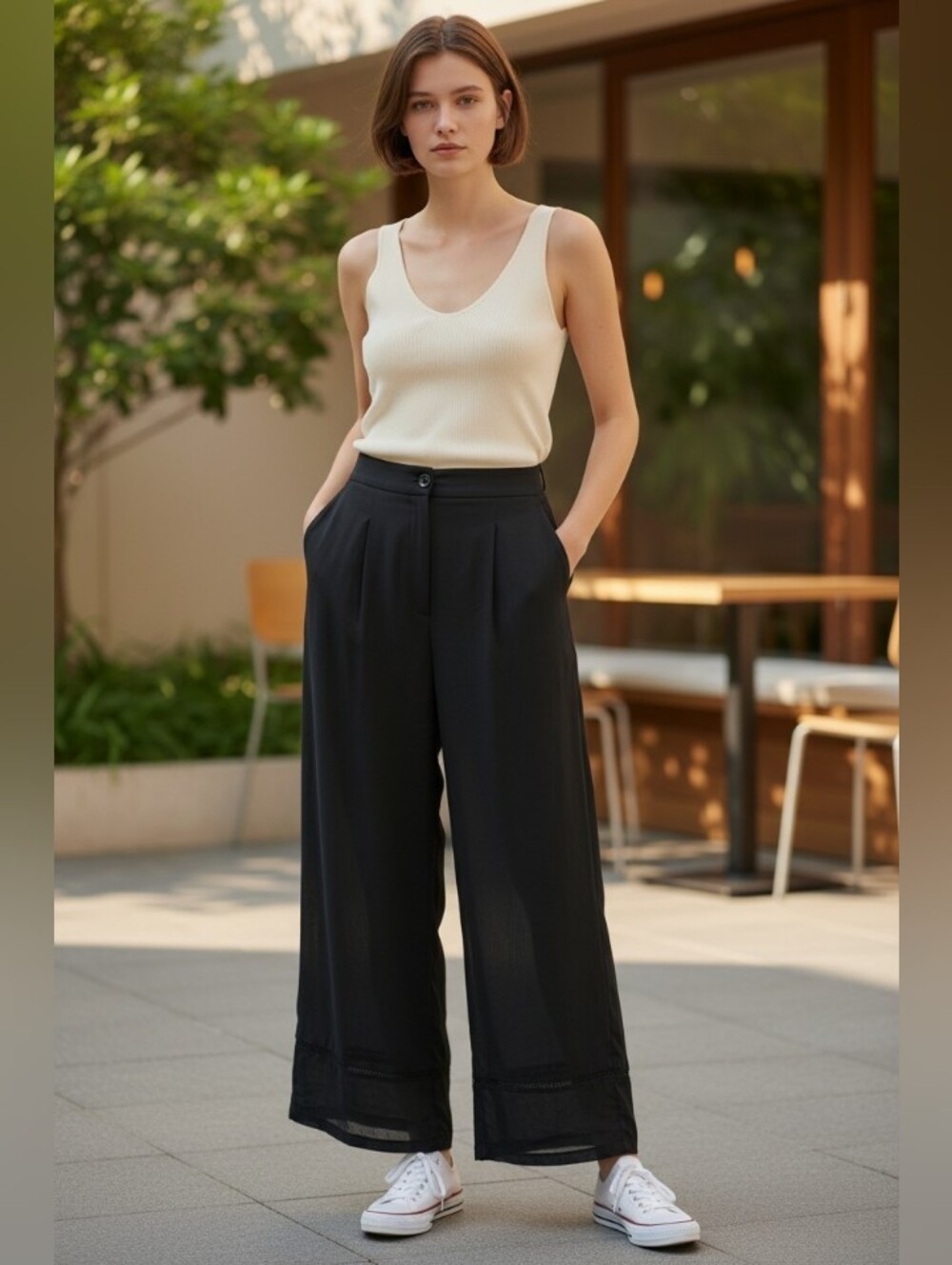 Tea & Cup Black Wide Leg Sheer Hem Dress Pants Size L